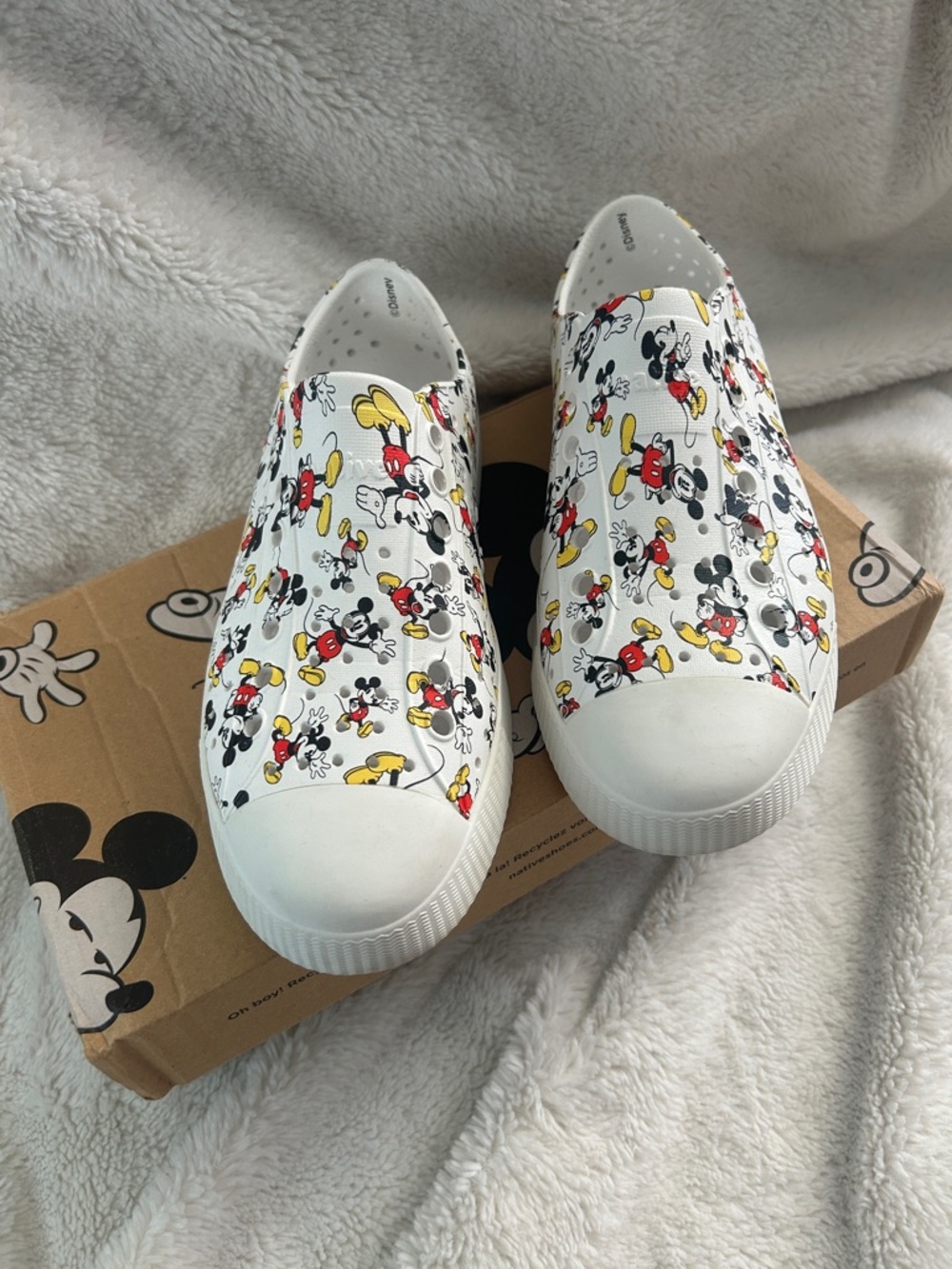 Native woman’s White Slip-On Sneakers with Red & Yellow Mickey Print